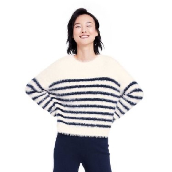 Women's Fuzzy Yarn Striped Crewneck Sweater - La Ligne x Target Cream/Navy XL - Picture 1 of 1